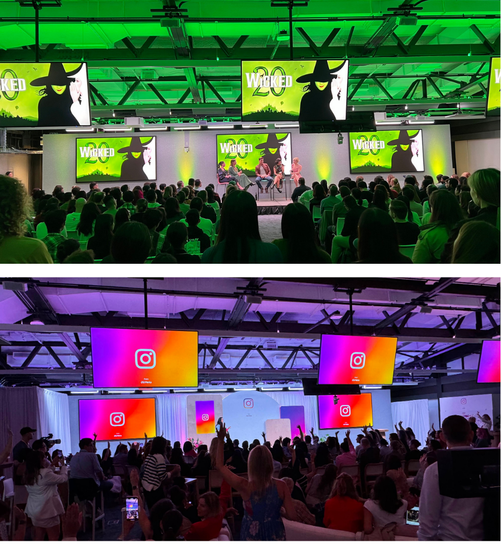 Meta event spaces with large stage screens and full audiences during Marketing and Communications programs